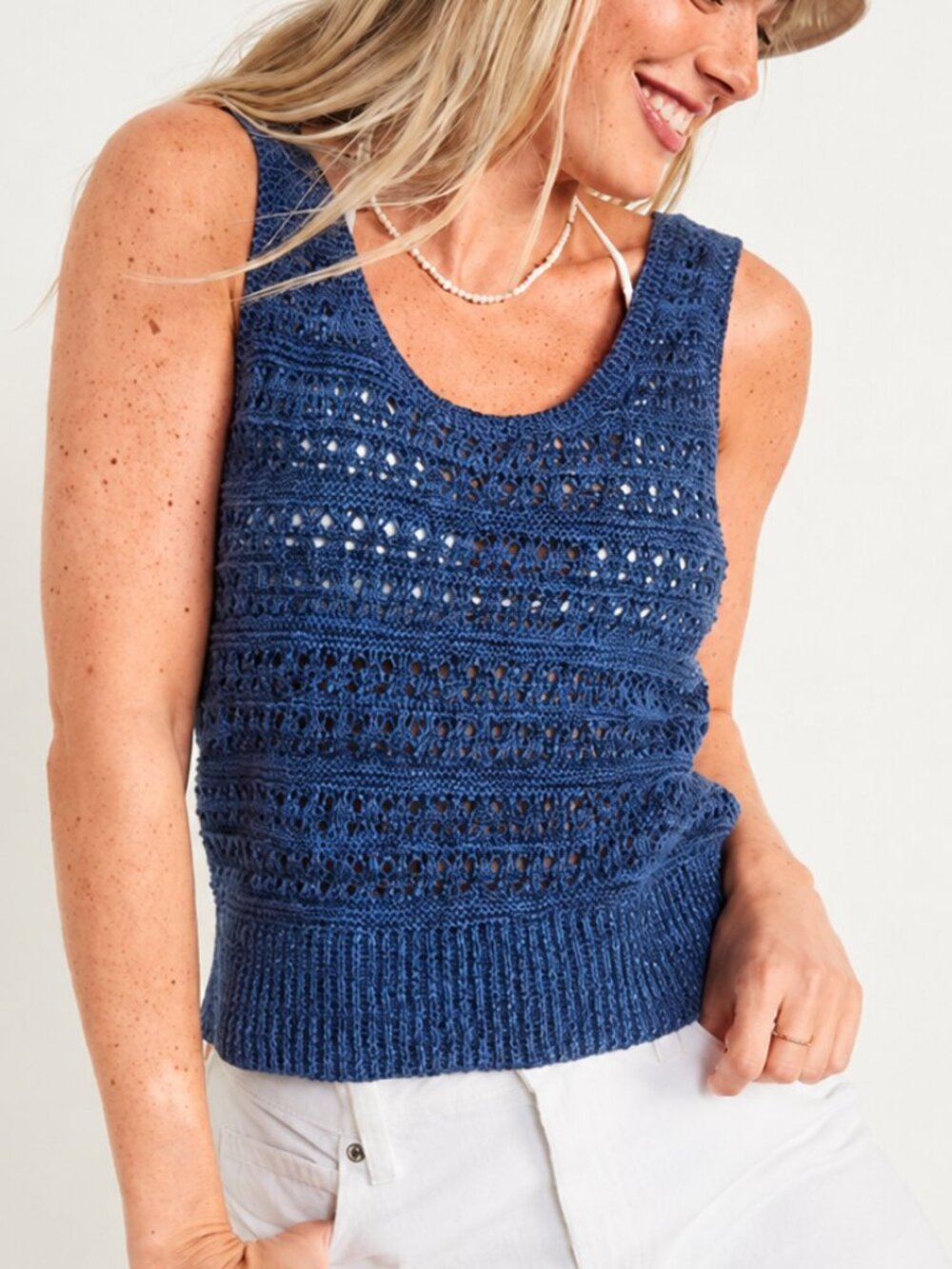 OLD NAVY Pointelle-Knit Crafted Sweater Tank Top Cotton Ribbed Blue Womens Large